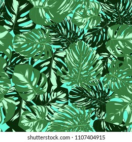 Vector Monstera Leaves. Seamless Tropical Pattern. Beautiful Hand-drawn Background with Philodendron Leaf. Exotic Illustration with Jungle Foliage. Seamless Monstera Pattern For Print, Textile, Fabric