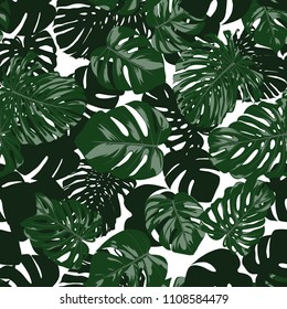 Vector Monstera Leaves. Seamless Tropical Pattern. Beautiful Hand-drawn Background with Philodendron Leaf. Exotic Illustration with Jungle Foliage. Seamless Monstera Pattern For Print, Textile, Fabric
