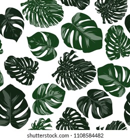 Vector Monstera Leaves. Seamless Tropical Pattern. Beautiful Hand-drawn Background with Philodendron Leaf. Exotic Illustration with Jungle Foliage. Seamless Monstera Pattern For Print, Textile, Fabric