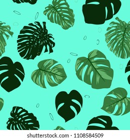 Vector Monstera Leaves. Seamless Tropical Pattern. Beautiful Hand-drawn Background with Philodendron Leaf. Exotic Illustration with Jungle Foliage. Seamless Monstera Pattern For Print, Textile, Fabric