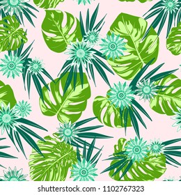Vector Monstera Leaves and Stylized Flowers Gerbera. Tropical Seamless Pattern with Philodendron and Daisies. Watercolor Effect. Tropic Floral Background. Exotic Seamless Pattern with Jungle Foliage.