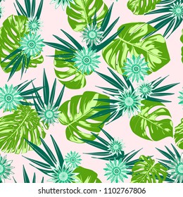 Vector Monstera Leaves and Stylized Flowers Gerbera. Tropical Seamless Pattern with Philodendron and Daisies. Watercolor Effect. Tropic Floral Background. Exotic Seamless Pattern with Jungle Foliage.