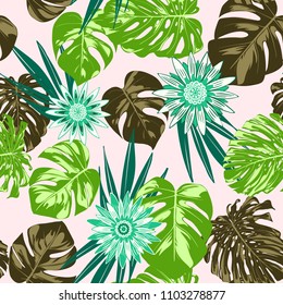 Vector Monstera Leaves and Stylized Flowers Gerbera. Tropical Seamless Pattern with Philodendron and Daisies. Watercolor Effect. Tropic Floral Background. Exotic Seamless Pattern with Jungle Foliage.