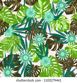 Vector Monstera Leaves and Stylized Flowers Gerbera. Tropical Seamless Pattern with Philodendron and Daisies. Watercolor Effect. Tropic Floral Background. Exotic Seamless Pattern with Jungle Foliage.