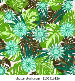 Vector Monstera Leaves and Stylized Flowers Gerbera. Tropical Seamless Pattern with Philodendron and Daisies. Watercolor Effect. Tropic Floral Background. Exotic Seamless Pattern with Jungle Foliage.