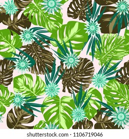 Vector Monstera Leaves and Stylized Flowers Gerbera. Tropical Seamless Pattern with Philodendron and Daisies. Watercolor Effect. Tropic Floral Background. Exotic Seamless Pattern with Jungle Foliage.