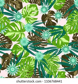 Vector Monstera Leaves and Stylized Flowers Gerbera. Tropical Seamless Pattern with Philodendron and Daisies. Watercolor Effect. Tropic Floral Background. Exotic Seamless Pattern with Jungle Foliage.