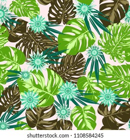 Vector Monstera Leaves and Stylized Flowers Gerbera. Tropical Seamless Pattern with Philodendron and Daisies. Watercolor Effect. Tropic Floral Background. Exotic Seamless Pattern with Jungle Foliage.