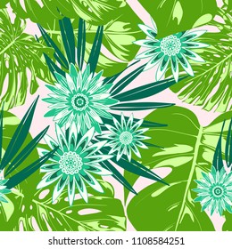 Vector Monstera Leaves and Stylized Flowers Gerbera. Tropical Seamless Pattern with Philodendron and Daisies. Watercolor Effect. Tropic Floral Background. Exotic Seamless Pattern with Jungle Foliage.