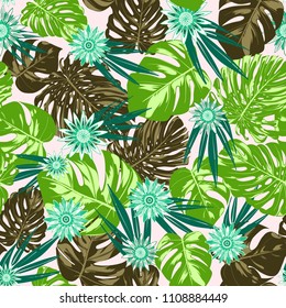 Vector Monstera Leaves and Stylized Flowers Gerbera. Tropical Seamless Pattern with Philodendron and Daisies. Watercolor Effect. Tropic Floral Background. Exotic Seamless Pattern with Jungle Foliage.