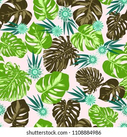 Vector Monstera Leaves and Stylized Flowers Gerbera. Tropical Seamless Pattern with Philodendron and Daisies. Watercolor Effect. Tropic Floral Background. Exotic Seamless Pattern with Jungle Foliage.