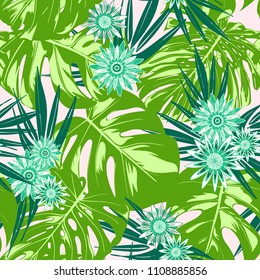 Vector Monstera Leaves and Stylized Flowers Gerbera. Tropical Seamless Pattern with Philodendron and Daisies. Watercolor Effect. Tropic Floral Background. Exotic Seamless Pattern with Jungle Foliage.