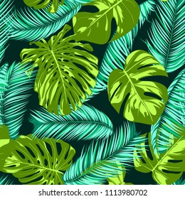 Vector Monstera and Palm Leaves. Fresh Tropical Seamless Pattern. Beautiful Exotic Summer Background. Green and Blue Jungle Foliage on a Blue Background. Vector Philodendron and Palm Leaf for Textile.