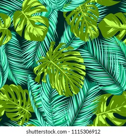 Vector Monstera y hojas de palmera. Fresco Trópico Sin Marea. Hermoso Verano Exótico. Foliage de la selva verde y azul en un fondo azul. Vector Philodendron y hoja de palma para textiles.