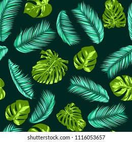 Vector Monstera and Palm Leaves. Fresh Tropical Seamless Pattern. Beautiful Exotic Summer Background. Green and Blue Jungle Foliage on a Blue Background. Vector Philodendron and Palm Leaf for Textile.
