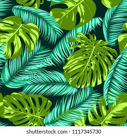 Vector Monstera and Palm Leaves. Fresh Tropical Seamless Pattern. Beautiful Exotic Summer Background. Green and Blue Jungle Foliage on a Blue Background. Vector Philodendron and Palm Leaf for Textile.