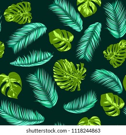 Vector Monstera and Palm Leaves. Fresh Tropical Seamless Pattern. Beautiful Exotic Summer Background. Green and Blue Jungle Foliage on a Blue Background. Vector Philodendron and Palm Leaf for Textile.