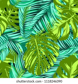Vector Monstera and Palm Leaves. Fresh Tropical Seamless Pattern. Beautiful Exotic Summer Background. Green and Blue Jungle Foliage on a Blue Background. Vector Philodendron and Palm Leaf for Textile.