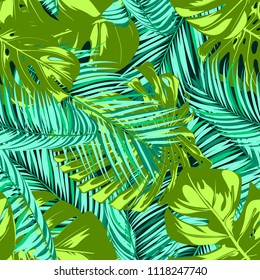 Vector Monstera and Palm Leaves. Fresh Tropical Seamless Pattern. Beautiful Exotic Summer Background. Green and Blue Jungle Foliage on a Blue Background. Vector Philodendron and Palm Leaf for Textile.