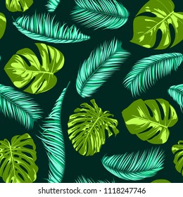 Vector Monstera y hojas de palmera. Fresco Trópico Sin Marea. Hermoso Verano Exótico. Foliage de la selva verde y azul en un fondo azul. Vector Philodendron y hoja de palma para textiles.