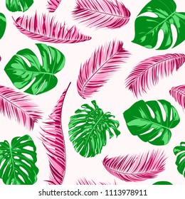 Vector Monstera and Palm Leaves. Tropical Seamless Pattern. Exotic Summer Background. Green and Pink Jungle Foliage on a White Background. Vector Philodendron and Palm Leaves for Print, Cloth Design.