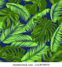 Vector Monstera and Palm Leaves. Tropical Seamless Pattern. Exotic Summer Background. Green Jungle Foliage on a Blue Background. Vector Philodendron and Palm Leaves for Print, Cloth Design, Textile.