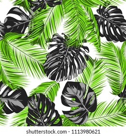 Vector Monstera and Palm Leaves. Tropical Seamless Pattern. Exotic Summer Background. Green and Black Jungle Foliage on a White Background. Vector Philodendron and Palm Leaves for Print, Textile.