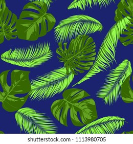 Vector Monstera and Palm Leaves. Tropical Seamless Pattern. Exotic Summer Background. Green Jungle Foliage on a Blue Background. Vector Philodendron and Palm Leaves for Print, Cloth Design, Textile.