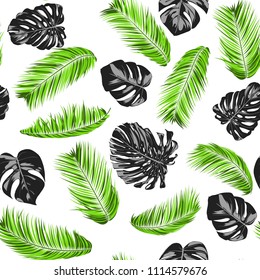 Vector Monstera and Palm Leaves. Tropical Seamless Pattern. Exotic Summer Background. Green and Black Jungle Foliage on a White Background. Vector Philodendron and Palm Leaves for Print, Textile.