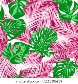 Vector Monstera and Palm Leaves. Tropical Seamless Pattern. Exotic Summer Background. Green and Pink Jungle Foliage on a White Background. Vector Philodendron and Palm Leaves for Print, Cloth Design.