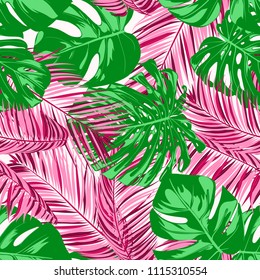 Vector Monstera and Palm Leaves. Tropical Seamless Pattern. Exotic Summer Background. Green and Pink Jungle Foliage on a White Background. Vector Philodendron and Palm Leaves for Print, Cloth Design.