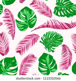 Vector Monstera and Palm Leaves. Tropical Seamless Pattern. Exotic Summer Background. Green and Pink Jungle Foliage on a White Background. Vector Philodendron and Palm Leaves for Print, Cloth Design.