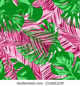Vector Monstera and Palm Leaves. Tropical Seamless Pattern. Exotic Summer Background. Green and Pink Jungle Foliage on a White Background. Vector Philodendron and Palm Leaves for Print, Cloth Design.