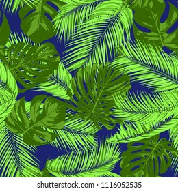 Vector Monstera and Palm Leaves. Tropical Seamless Pattern. Exotic Summer Background. Green Jungle Foliage on a Blue Background. Vector Philodendron and Palm Leaves for Print, Cloth Design, Textile.