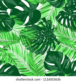 Vector Monstera and Palm Leaves. Tropical Seamless Pattern. Exotic Summer Background. Green Jungle Foliage on a White Background. Vector Philodendron and Palm Leaves for Print, Cloth Design, Textile.