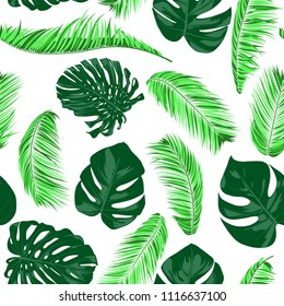 Vector Monstera and Palm Leaves. Tropical Seamless Pattern. Exotic Summer Background. Green Jungle Foliage on a White Background. Vector Philodendron and Palm Leaves for Print, Cloth Design, Textile.