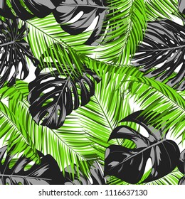 Vector Monstera and Palm Leaves. Tropical Seamless Pattern. Exotic Summer Background. Green and Black Jungle Foliage on a White Background. Vector Philodendron and Palm Leaves for Print, Textile.