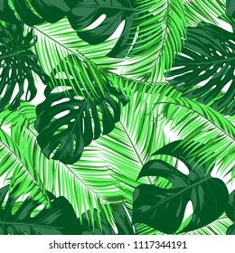 Vector Monstera and Palm Leaves. Tropical Seamless Pattern. Exotic Summer Background. Green Jungle Foliage on a White Background. Vector Philodendron and Palm Leaves for Print, Cloth Design, Textile.