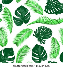 Vector Monstera and Palm Leaves. Tropical Seamless Pattern. Exotic Summer Background. Green Jungle Foliage on a White Background. Vector Philodendron and Palm Leaves for Print, Cloth Design, Textile.