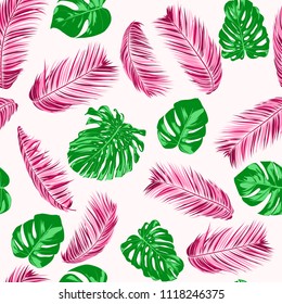 Vector Monstera and Palm Leaves. Tropical Seamless Pattern. Exotic Summer Background. Green and Pink Jungle Foliage on a White Background. Vector Philodendron and Palm Leaves for Print, Cloth Design.