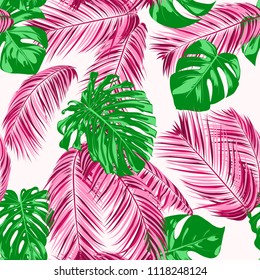 Vector Monstera and Palm Leaves. Tropical Seamless Pattern. Exotic Summer Background. Green and Pink Jungle Foliage on a White Background. Vector Philodendron and Palm Leaves for Print, Cloth Design.