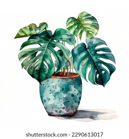 Vector monstera plant in pot. Hand drawn vector illustration on white background