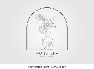 Vector monstera in pot. Nature monstera plant line art minimalist logo symbol illustration. Concept hand drawn vector design. Continuous one line drawing nature theme