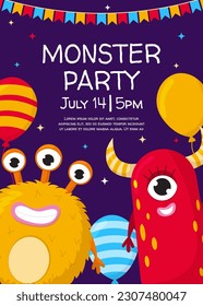 Vector monsters party happy birthday poster template. Funny alien monsters with celebrate decoration gift, balloons on violet background. A4 backdrop flyer, brochure, postcard for event