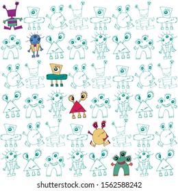 Vector monsters seamless pattern. Hand drawn vector illustration. Print for veterinary brand design and children products. Textile rapport in green and white colors.