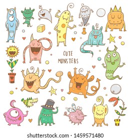 Vector monsters set by Halloween. Cute cartoon fantastic animals. Doodle style. Contour colorful imagel.