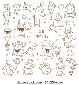 Vector monsters set. Cute cartoon fantastic animals. Doodle style. Contour image no fill.