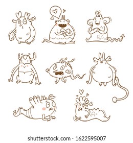 Vector monsters set. Cute cartoon fantastic animals. Doodle style. Contour image no fill.