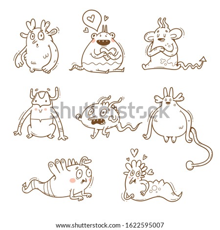 Vector monsters set. Cute cartoon fantastic animals. Doodle style. Contour image no fill.