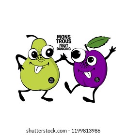 Vector monstrous fruits are dancing. Hand drawn illustration of angry cartoon monster. Monstrous pear and plum.